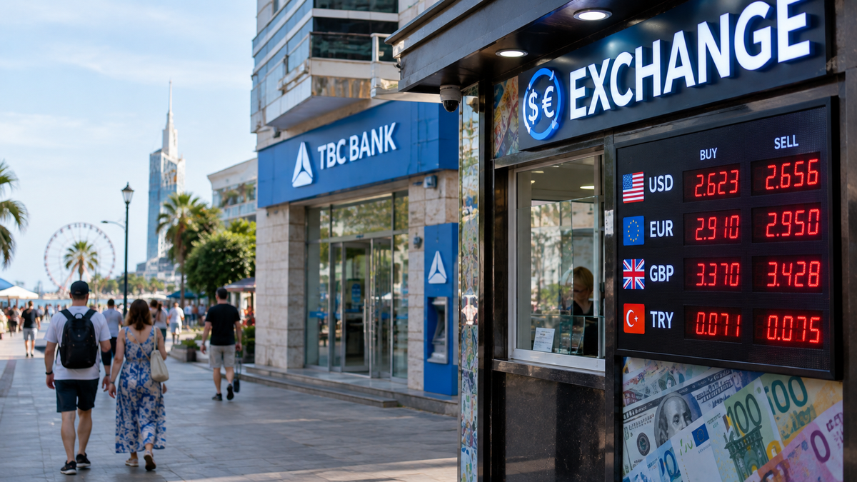 A currency exchange booth and TBC Bank on a busy Batumi boulevard, showing USD, EUR and other exchange rates.