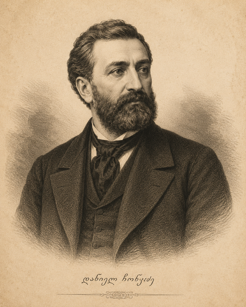 Antique lithograph-style portrait of Daniel Chonkadze, a 19th-century Georgian writer, shown in formal clothing on aged paper, representing the author of the story connected with the legend of Surami Fortress.