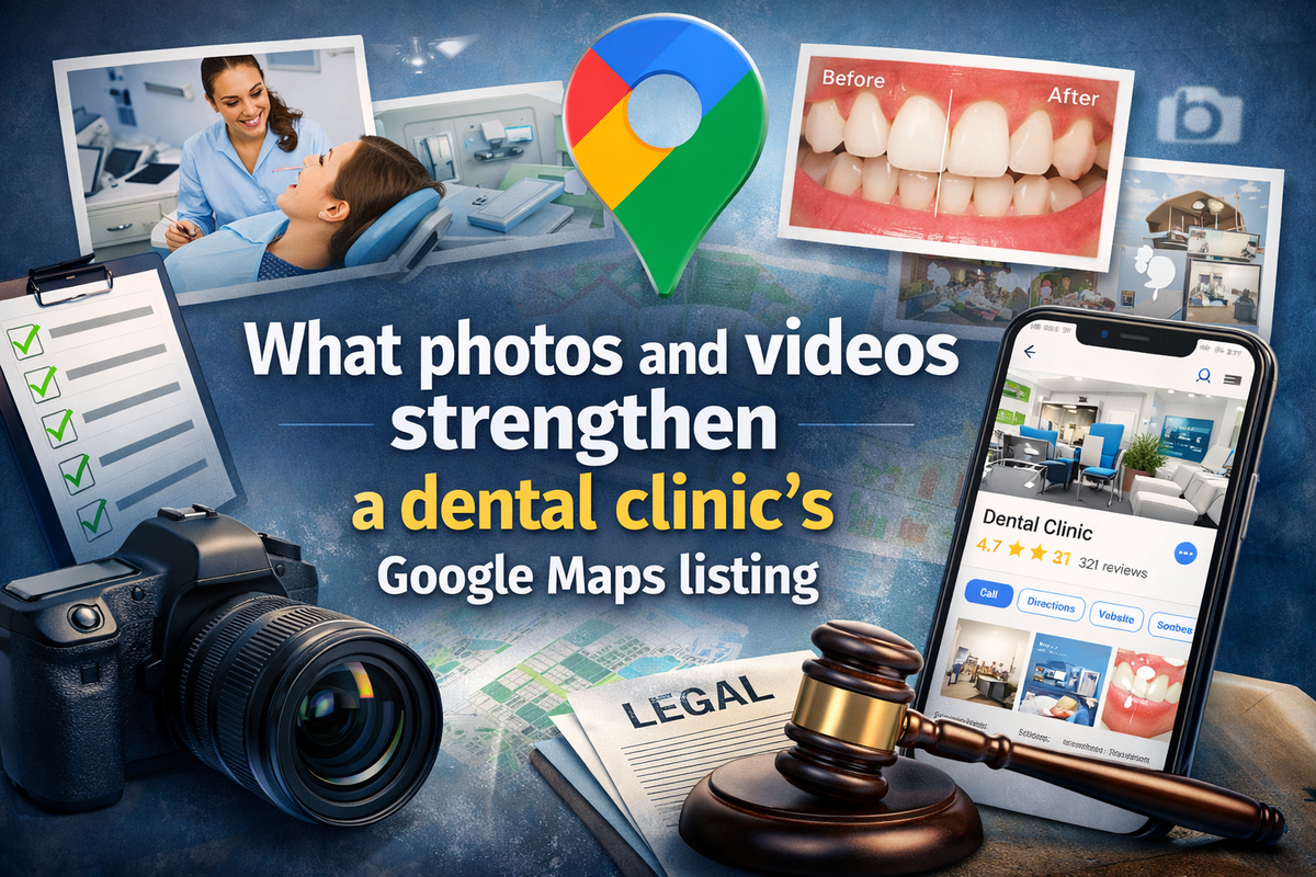 A visual composition showing a camera, dental clinic photos, a smartphone with a Google listing, and symbols of reviews and legal compliance.