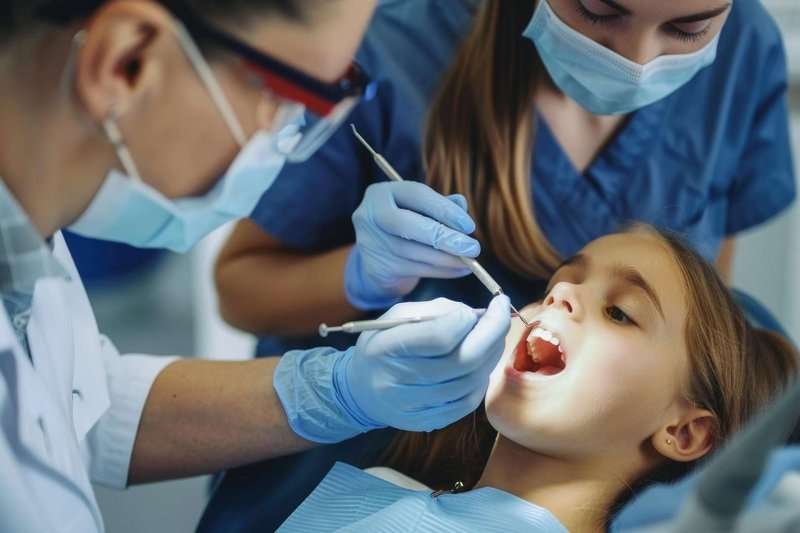 A girl gets her teeth treated at the dentist