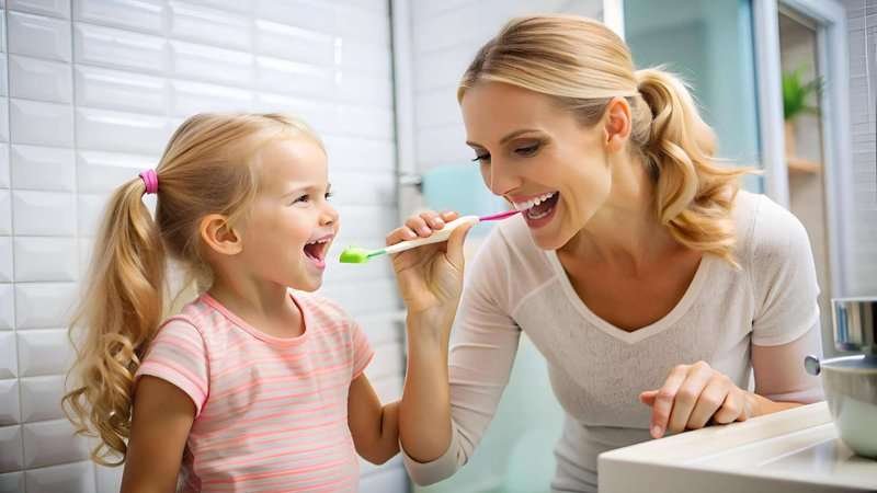 Mom teaches her daughter to brush her teeth