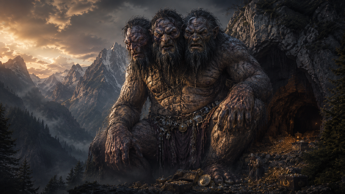 Dramatic fantasy illustration of a multi-headed devi, a monstrous giant from Georgian folklore, sitting at the mouth of a mountain cave among treasure, with dark forests, misty Caucasus peaks, and a menacing twilight sky in the background.