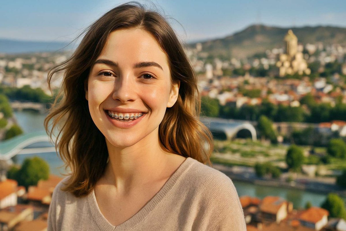 Girl with braces against the backdrop of Tbilisi