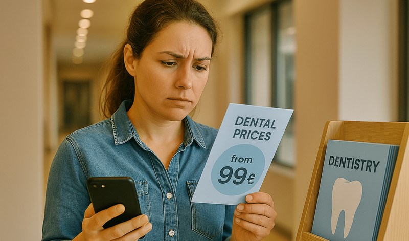 A girl at a dentist's office reads the price list.