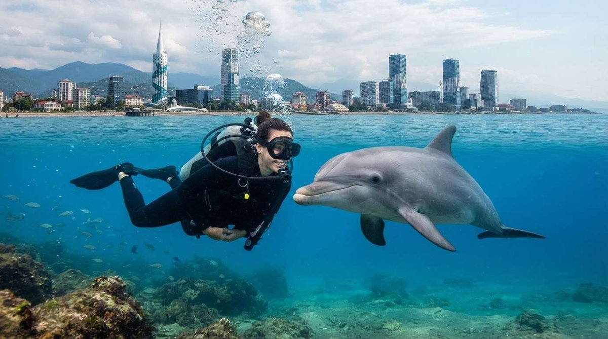 A scuba diver swims alongside a dolphin in clear blue water, with Batumi's coastal skyscrapers visible above the surface.