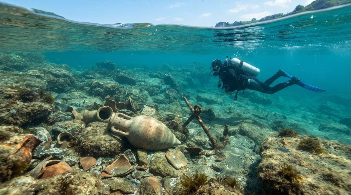 A scuba diver hovers near scattered ancient clay amphorae, pottery shards, and an old anchor on a rocky, shallow seabed.
