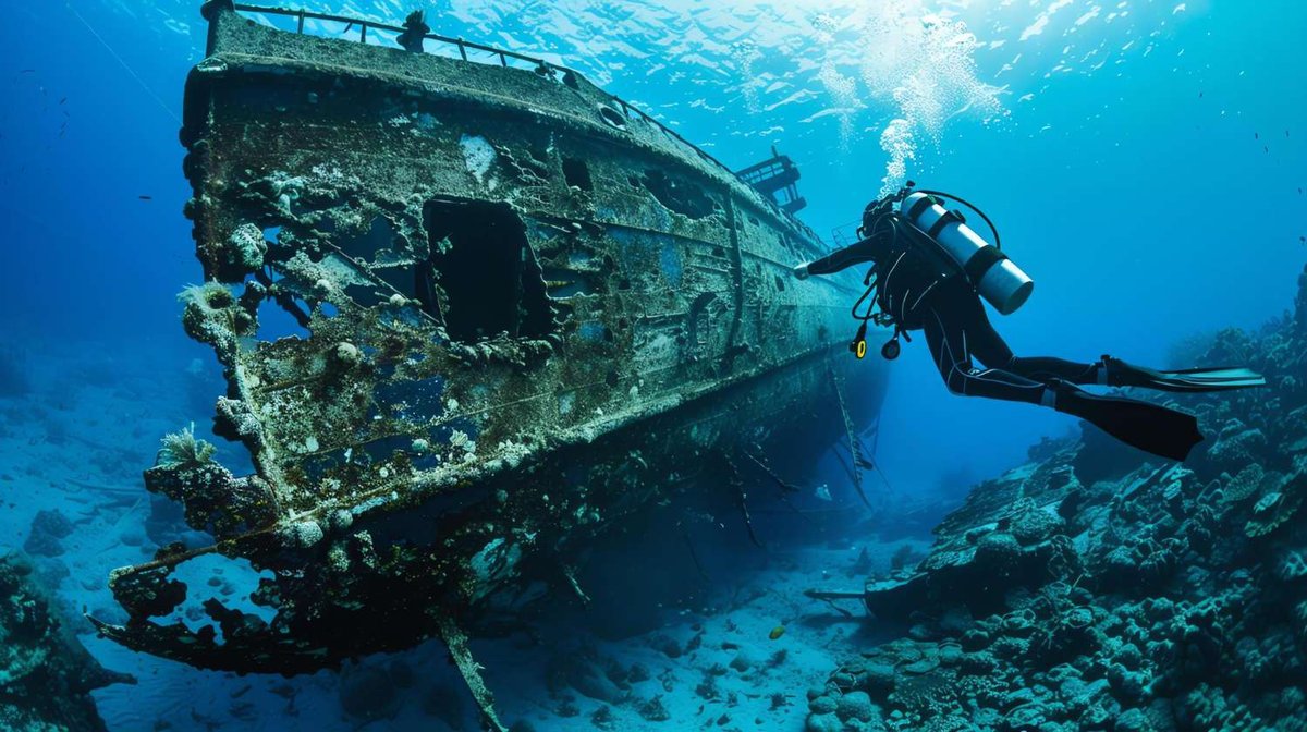 A scuba diver with air bubbles rising explores a barnacle-encrusted shipwreck resting on a coral-strewn seabed.