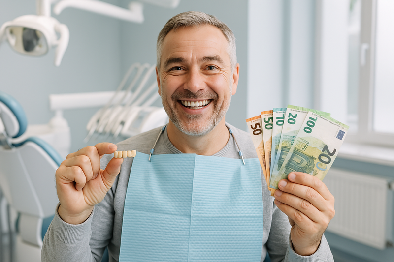 A man holding a denture and money in a dentist's office