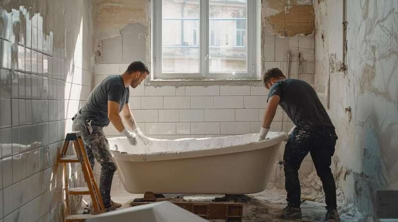 Two men enameling a bathtub