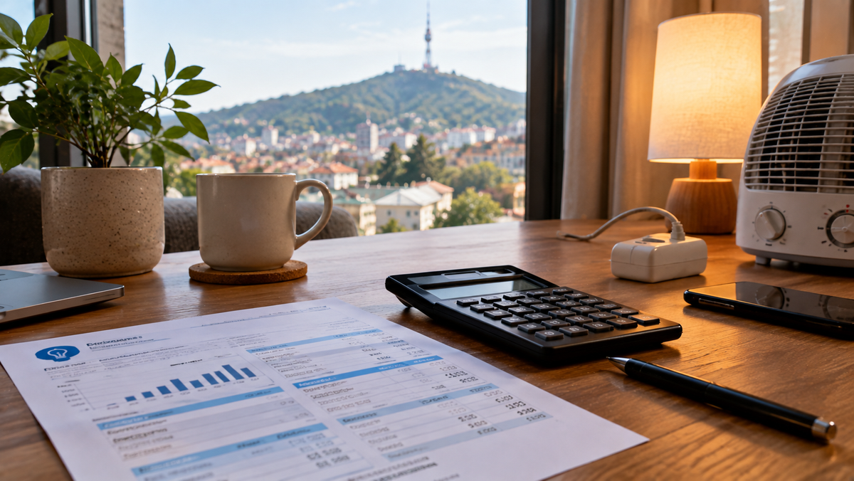 A calculator, phone, pen, lamp, and space heater on a table with a printed bill, overlooking a hillside neighborhood and TV tower.