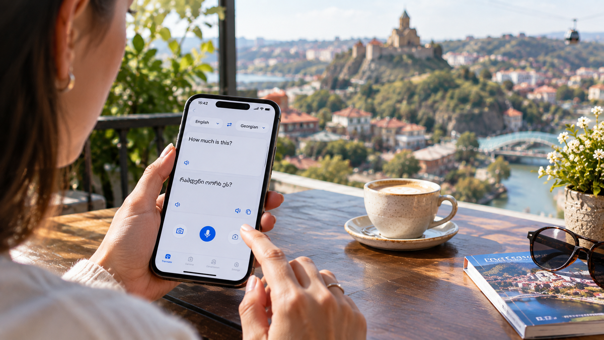 A phone shows a live English-to-Georgian phrase translation over coffee, with Tbilisi's Narikala fortress and old town visible below.