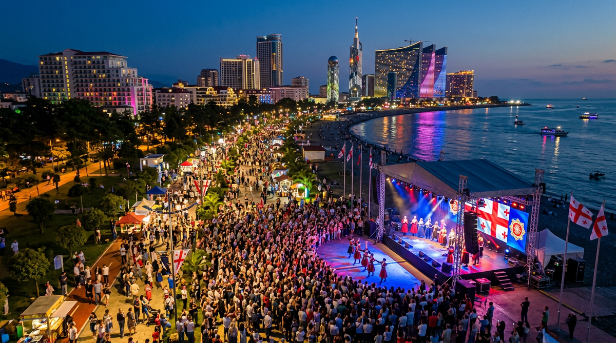 A large crowd gathers along the Black Sea coastline in Batumi for an outdoor concert during Georgia's Independence Day celebrations.