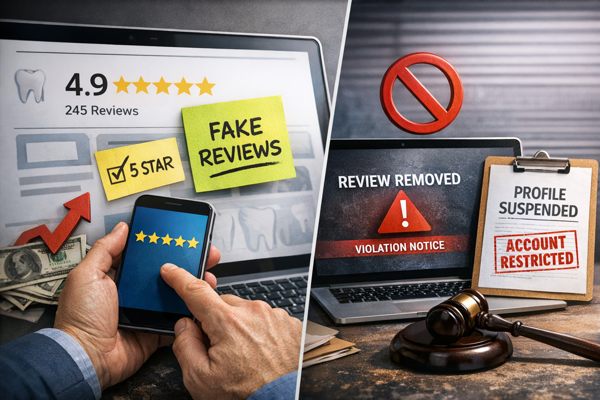 A split scene showing fake 5-star reviews being generated on one side, and on the other side warnings of violations, removed reviews, and account suspension, illustrating the risks and penalties of manipulating online ratings.