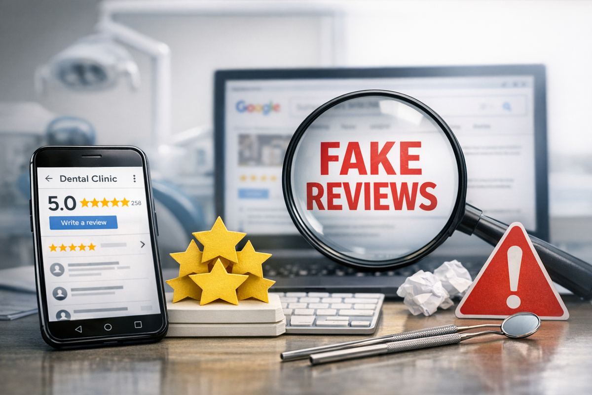 A smartphone with a 5-star dental rating next to a magnifying glass highlighting “Fake Reviews” and a warning sign.