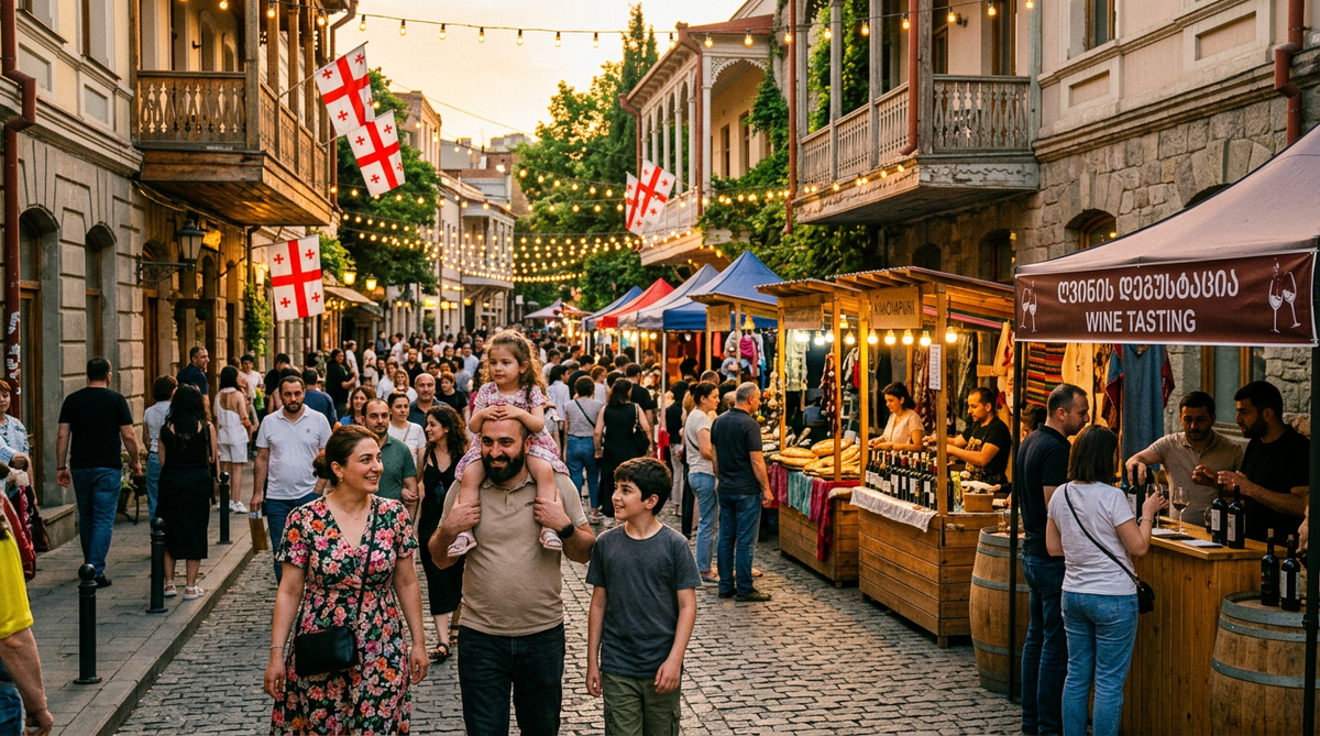 Families and tourists fill the pedestrian streets of Tbilisi during the Independence Day street festival with food stalls and live music.