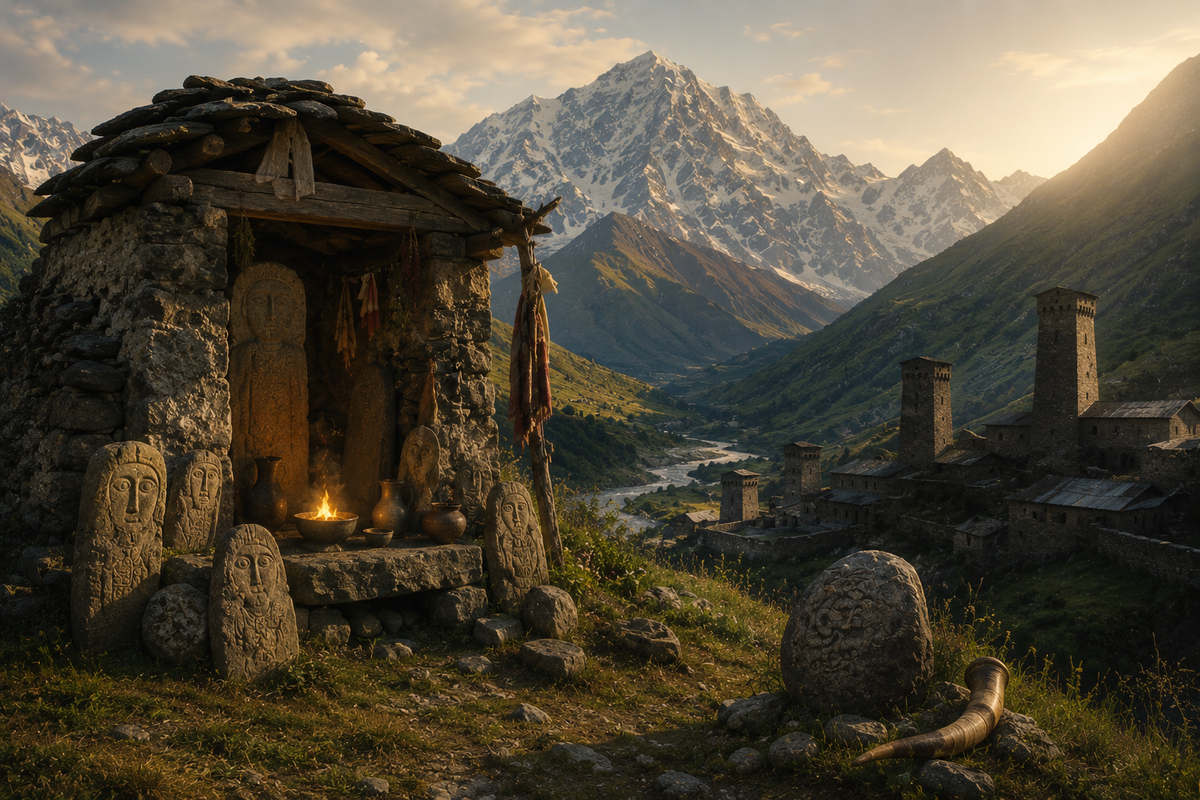 Atmospheric mountain landscape showing a traditional Georgian highland shrine with carved stones, ritual vessels, a small sacred fire, Svan towers, a winding river, and snow-capped Caucasus peaks, representing the folk pantheon and sacred places of Georgi