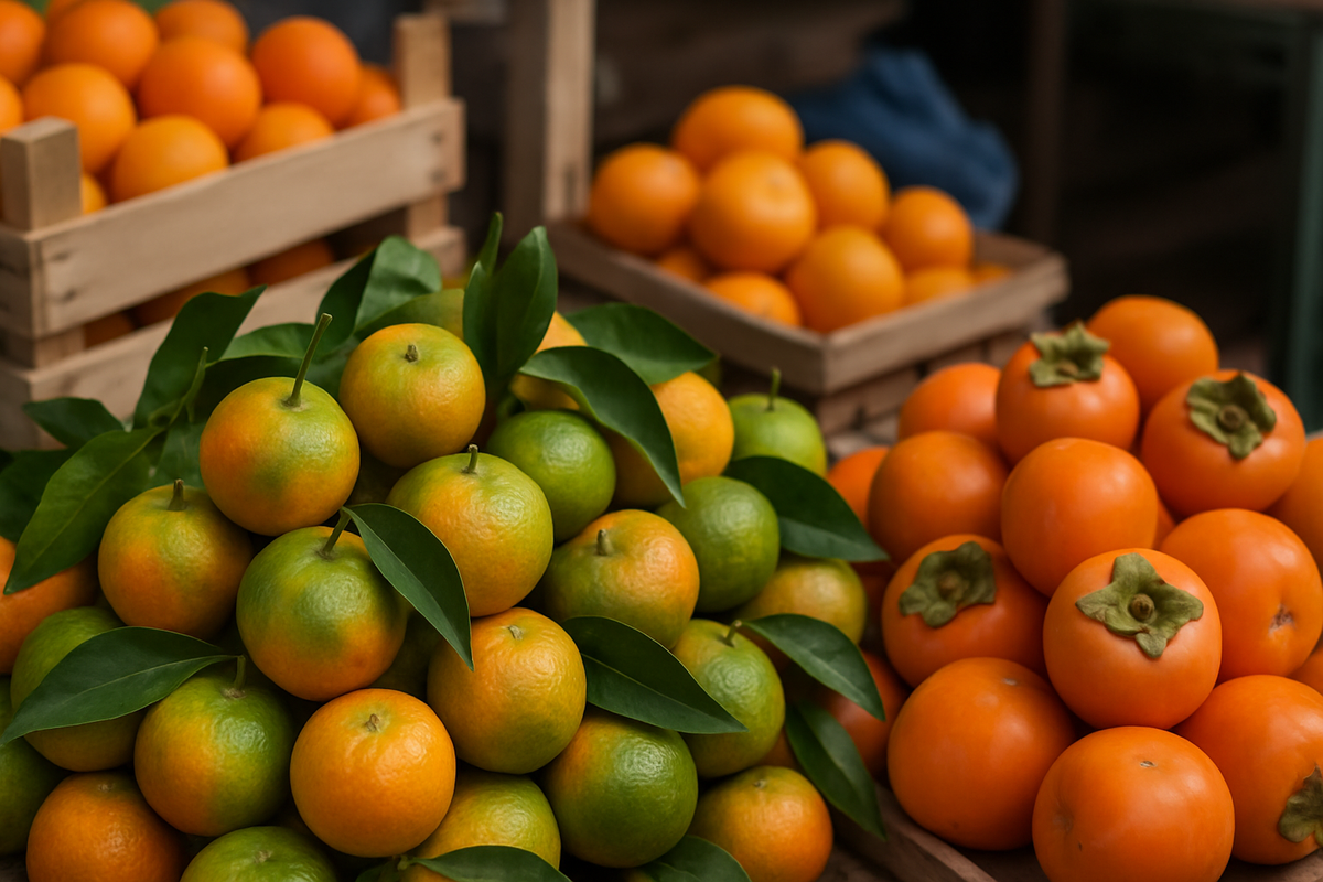 crates of citrus and glossy orange persimmons pile up at a local market stall, marking the start of Adjara's mandarin season.