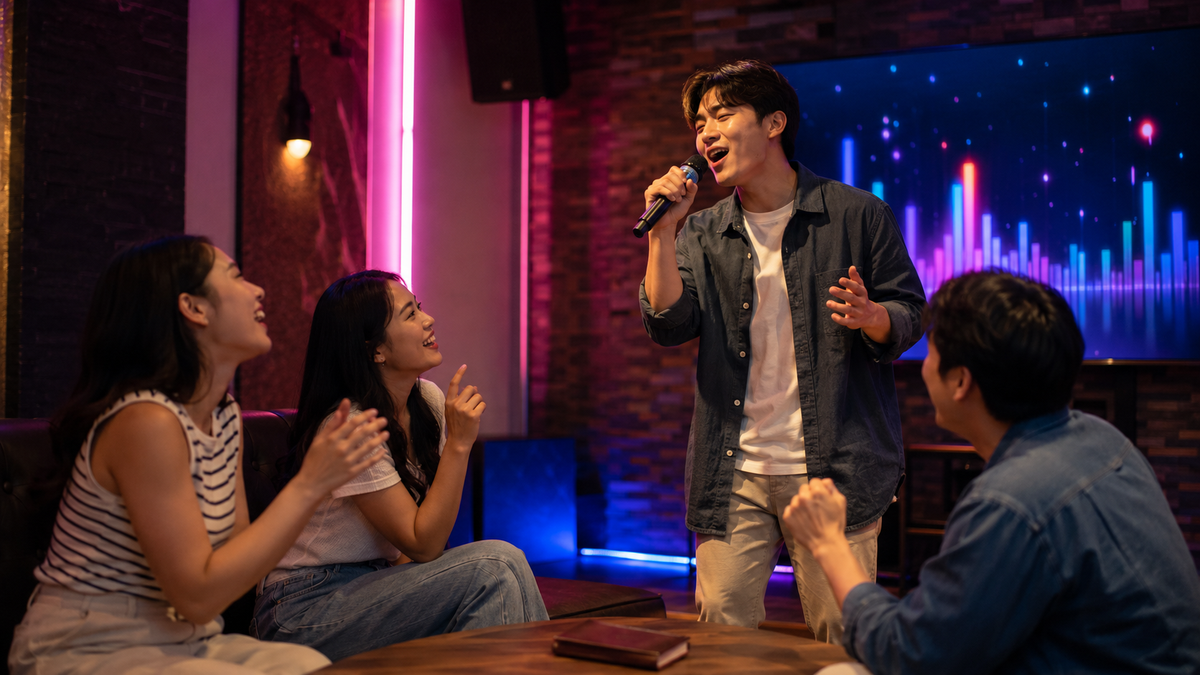 Friends singing together in a cosy karaoke bar in Tbilisi with warm neon lighting.