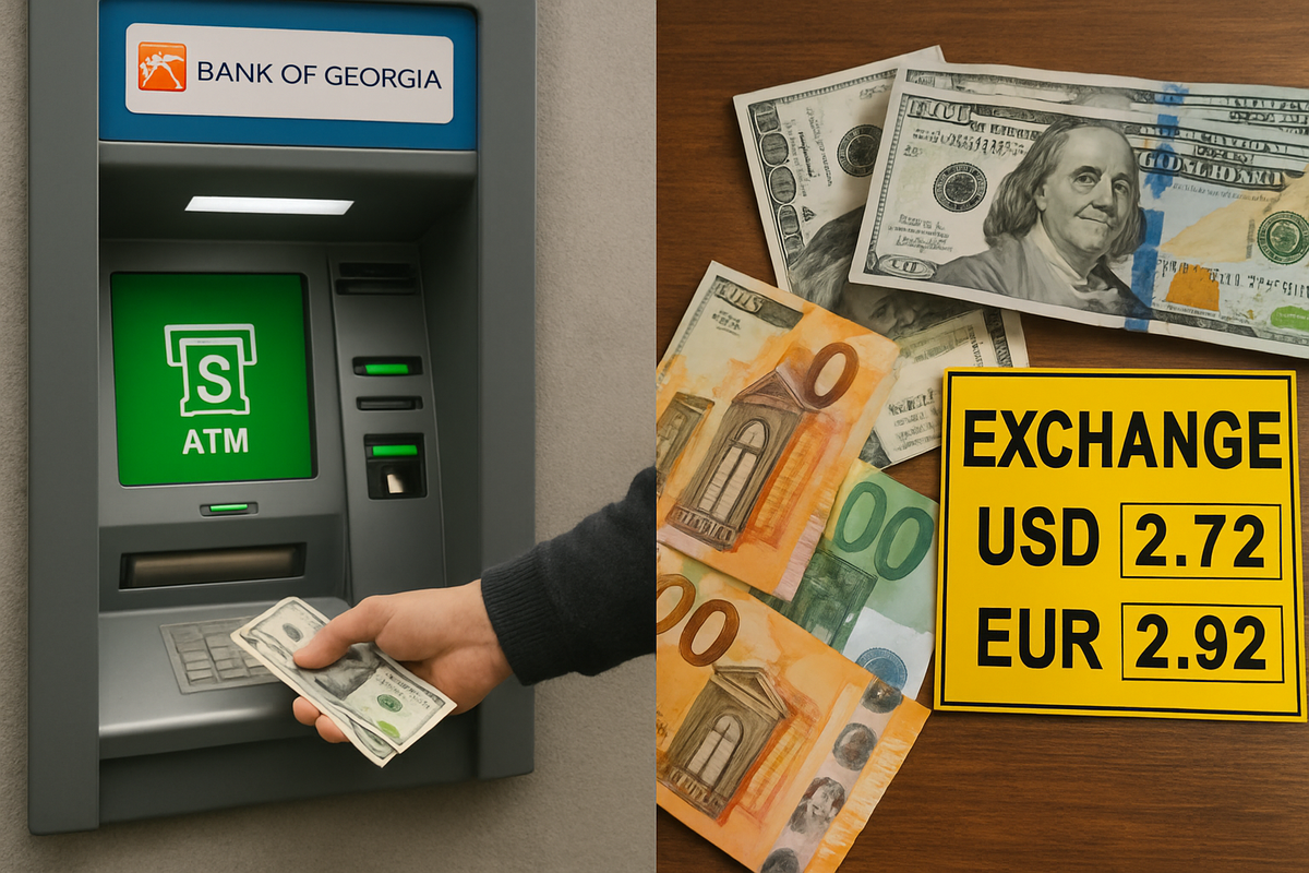 A hand withdraws cash from a Bank of Georgia ATM beside a currency exchange board showing dollar and euro rates.
