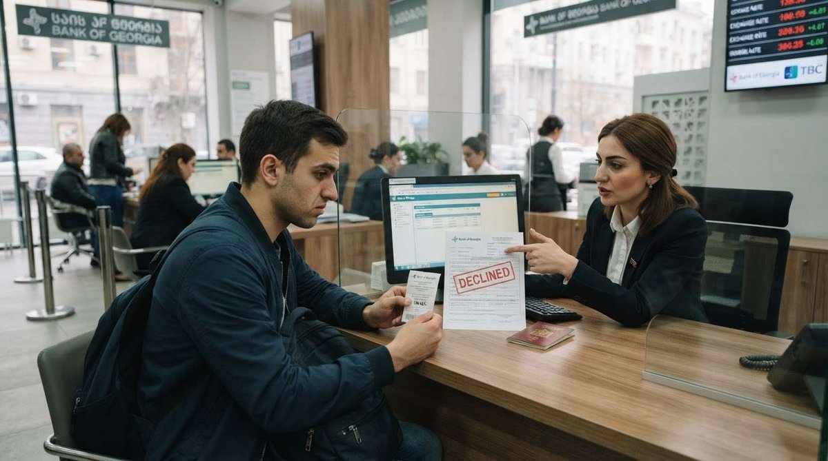 A bank employee points to a declined application form as a customer holds his passport at a Bank of Georgia branch counter.