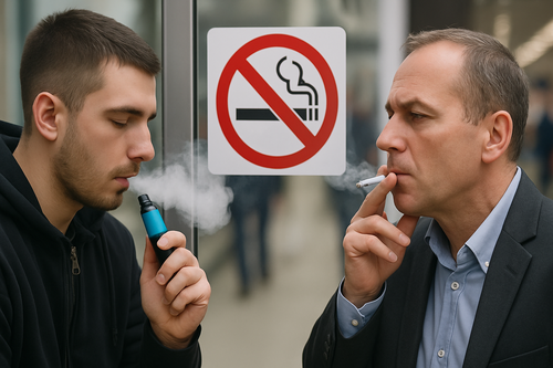 two men smoke a cigarette and a vape beside a prominent no-smoking sign, illustrating Georgia's indoor smoking ban that covers both.