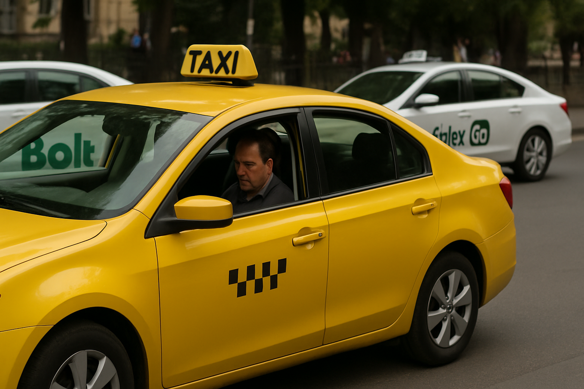 A yellow taxi with visible Bolt and Yandex Go branding waits in a Tbilisi street, illustrating which apps and cards work for rides in Georgia.
