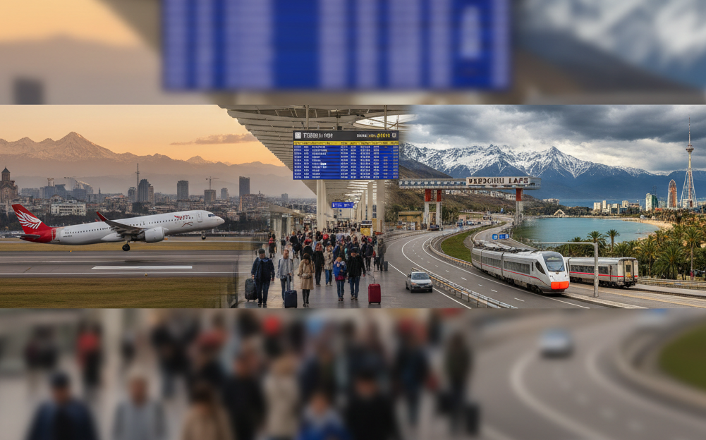 A three-panel view of Georgia's transport network, a plane landing in Tbilisi at sunrise, travelers with luggage at an airport terminal, and a train running along Batumi's coastal highway.