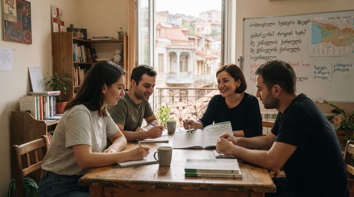 Four people studying together with notebooks and a textbook, with Georgian phrases on a whiteboard and Old Tbilisi balconies visible through the window.