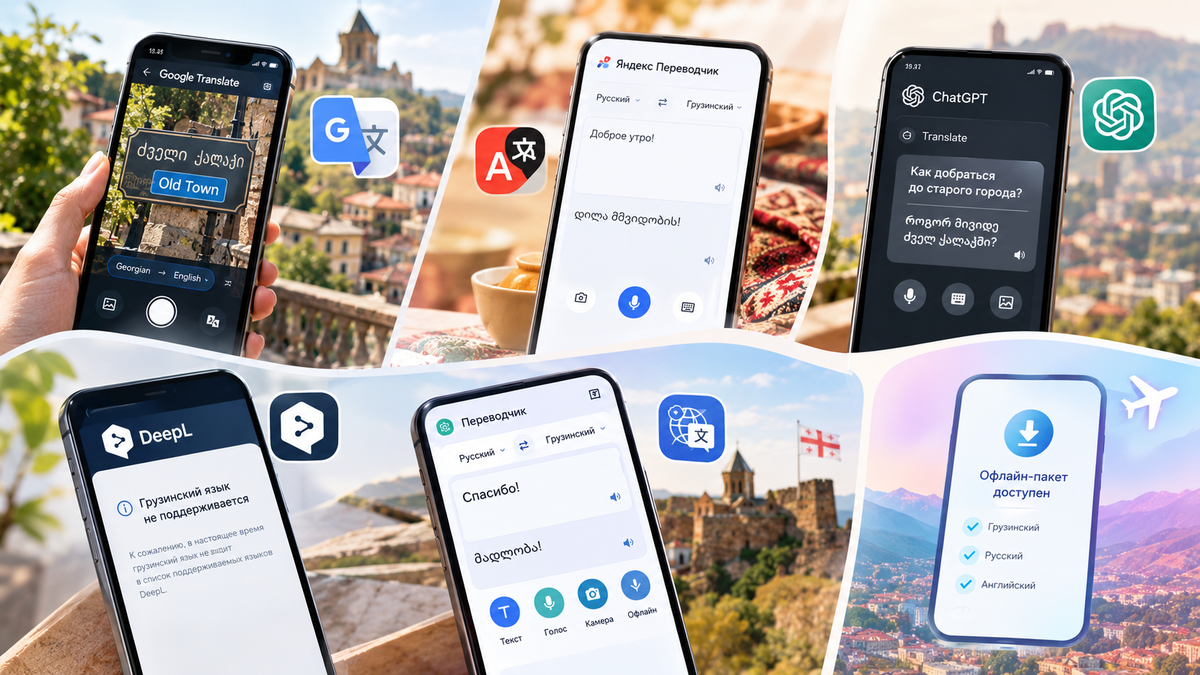 A six-panel comparison shows how Google Translate, Yandex, ChatGPT, DeepL and other apps handle Georgian phrases, from camera translation to offline packs.