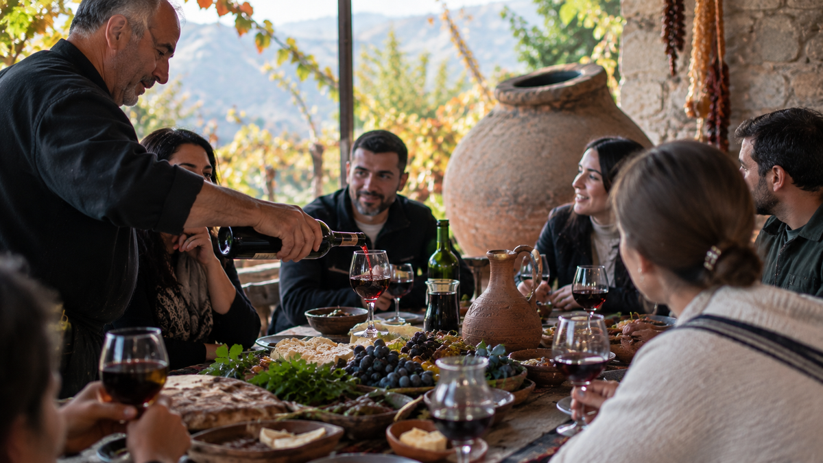 A traditional Georgian gathering with wine, local food, grapes, and a rustic qvevri setting in autumn.