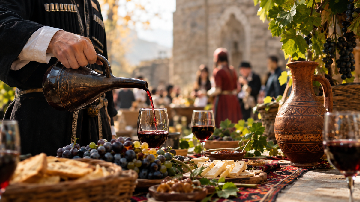 a man in traditional Georgian dress pours red wine from a clay jug beside a table of grapes, cheese and bread at an autumn harvest celebration.