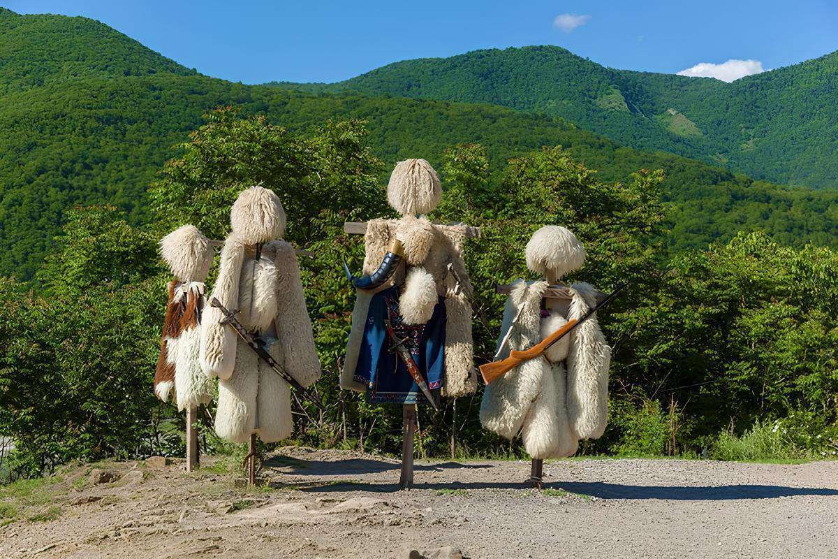 Georgian national costumes with headdresses made of sheep wool