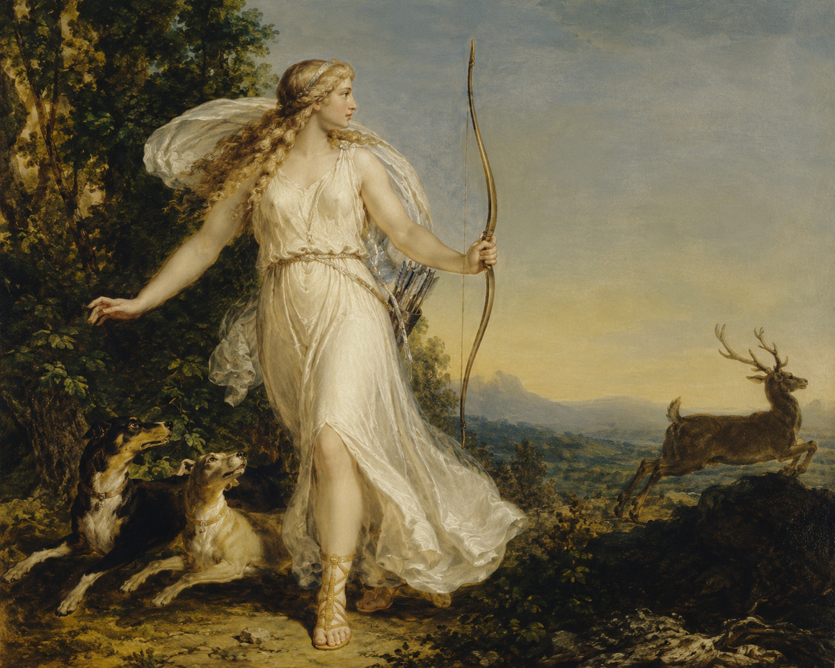 Classical oil painting-style image of a golden-haired huntress holding a bow in a forest landscape, with hunting dogs at her side and a stag in the distance, evoking a mythological allegory of hunting, grace, and wilderness.