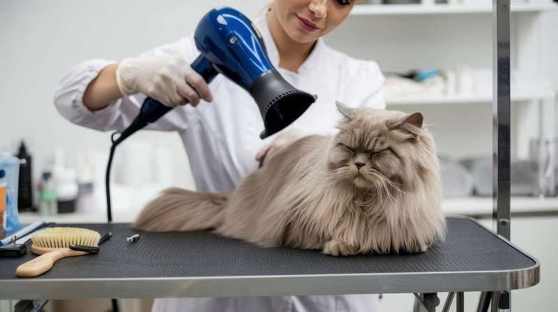 A groomer blow-dries a fluffy cat on a grooming table in a pet salon.