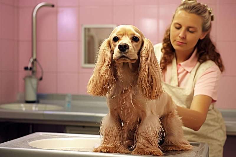 A groomer bathes a spaniel on a grooming table in a pet salon.