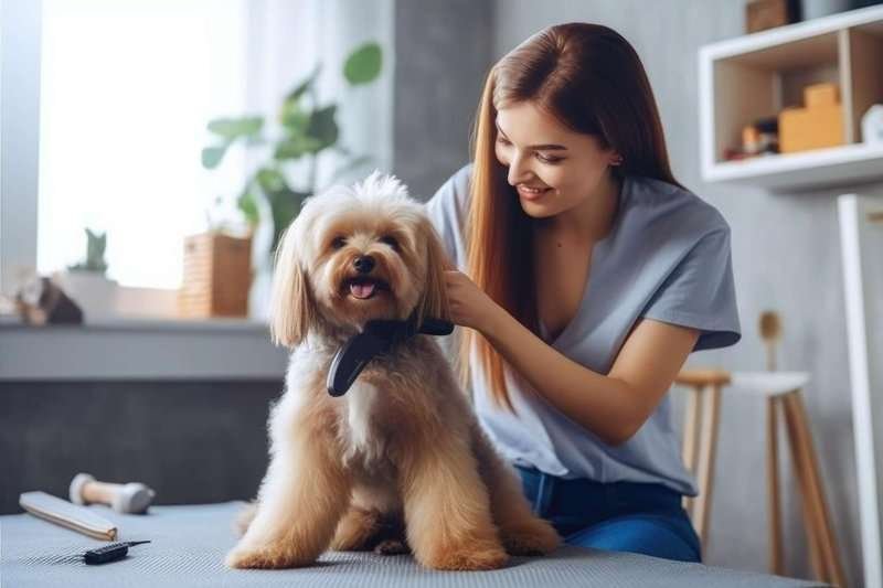 A woman gently brushes her dog’s fur at home, giving it a simple grooming session.