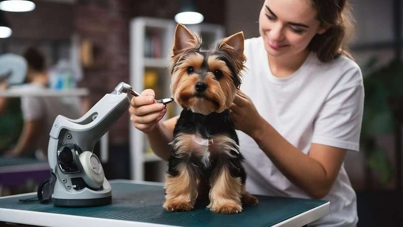 A groomer trims a Yorkshire Terrier’s nails on a grooming table.