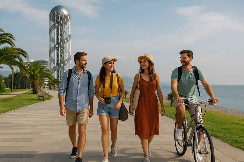 A group of tourists strolls along the embankment