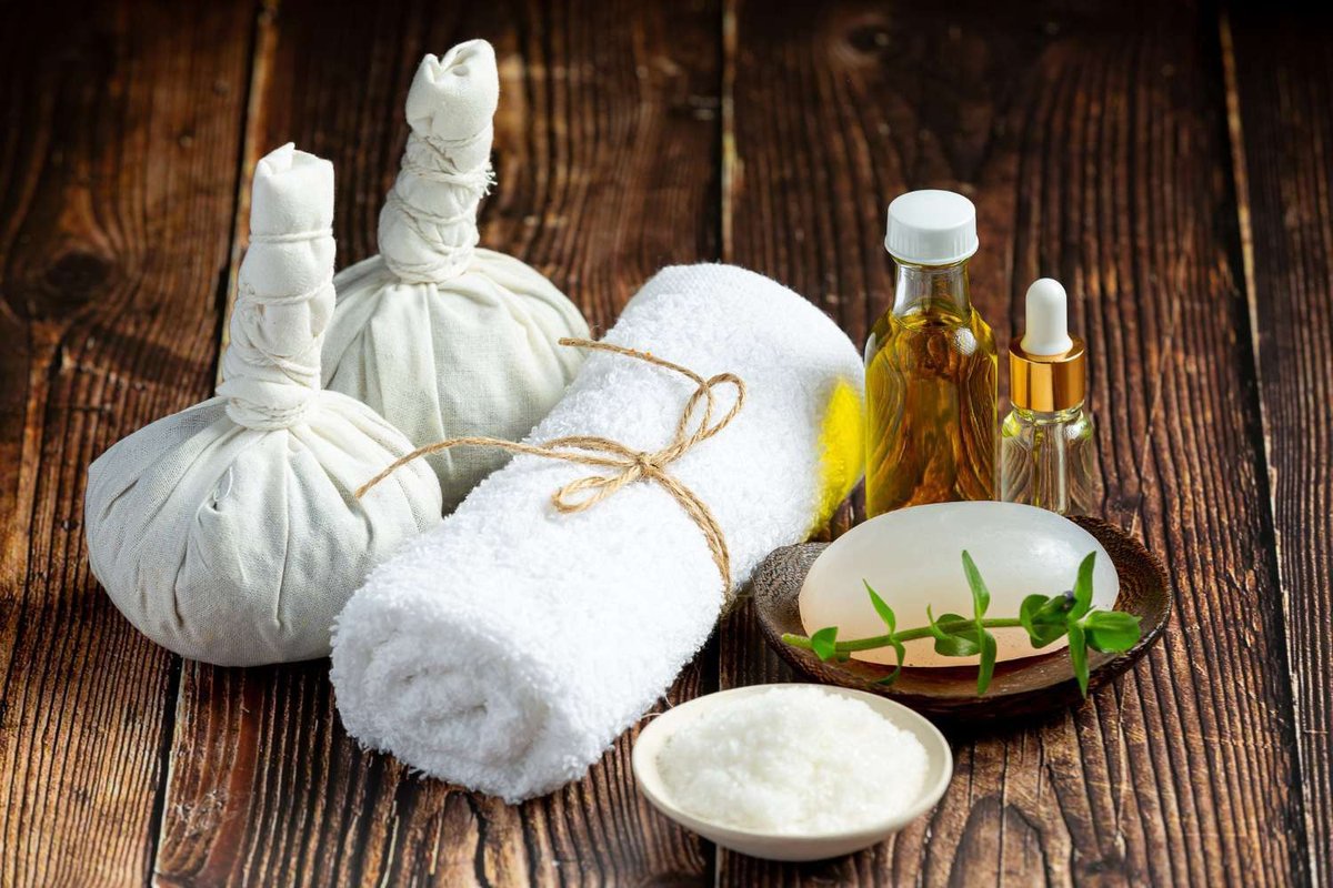 Herbal tea equipment on wooden floor
