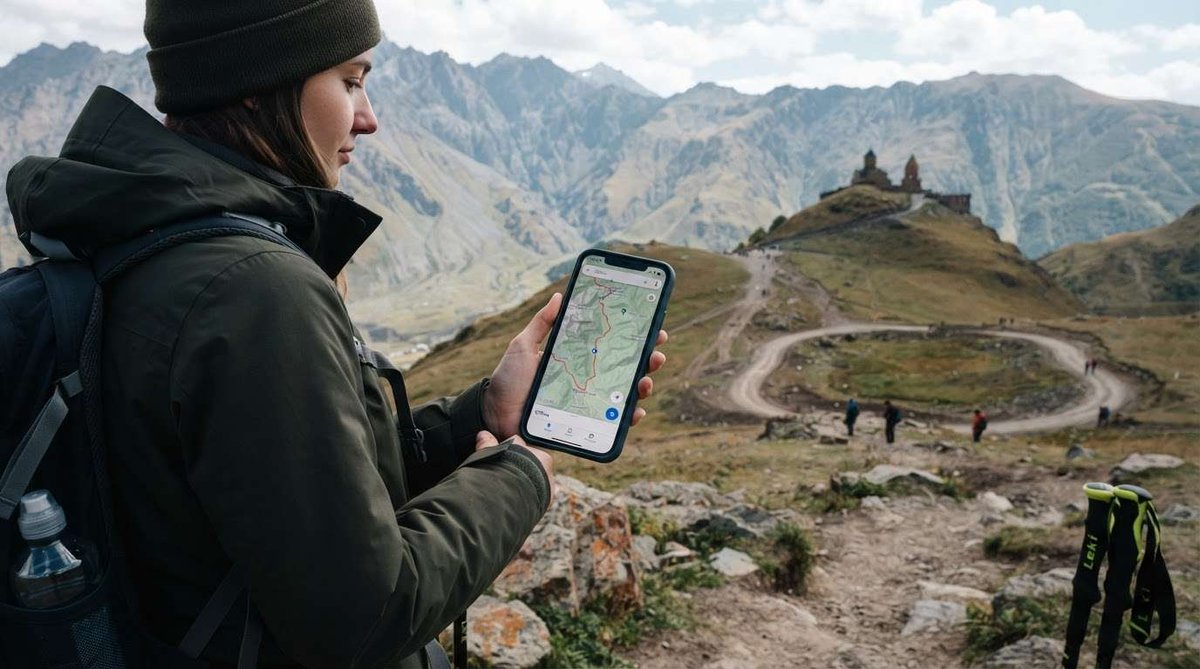 A woman checking a hiking map on her phone, with a mountaintop church and a winding gravel road in the background.
