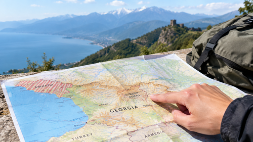 A hand pointing to a map of Georgia showing Abkhazia and South Ossetia, with a coastal mountain landscape and a hilltop fortress in the background.