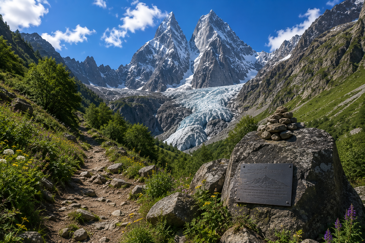 A scenic hiking trail from Mazeri leads to the Ushba Glacier, offering spectacular mountain views without technical climbing.