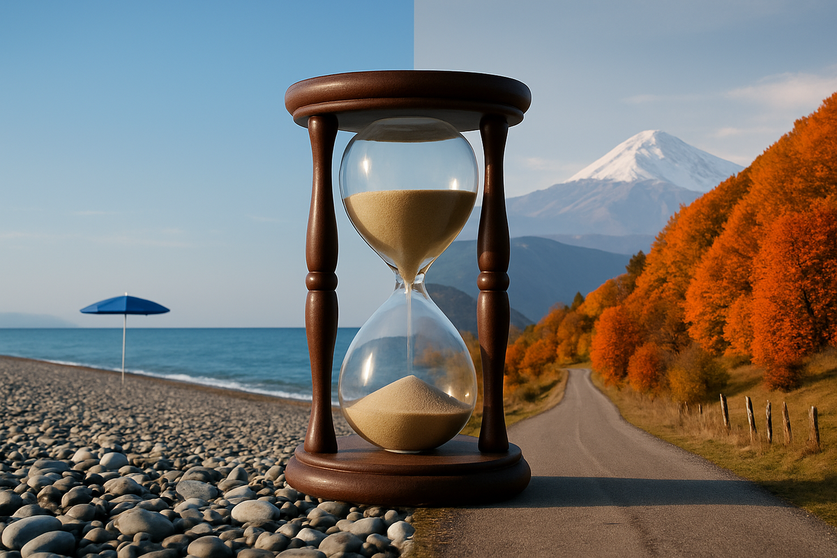 An hourglass marks the seasonal shift from Georgia's pebble beach and calm sea to the golden autumn foliage of a mountain road beneath a snow-capped peak.