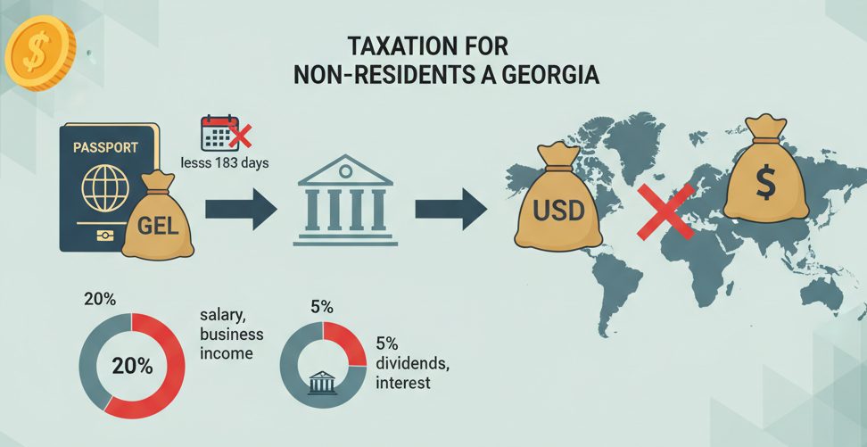 An infographic showing passport, bank, and world map icons illustrating Georgia's tax rules for non-residents, with 20% and 5% rate charts.