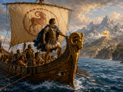 Mythological illustration of Jason and the Argonauts sailing on the Argo toward Colchis in search of the Golden Fleece, with a golden ram symbol visible in the distance.