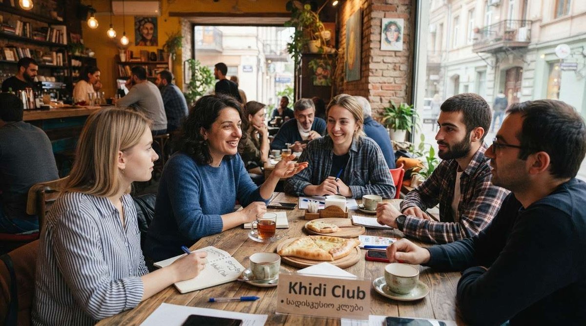 A group chatting and taking notes around a table with khachapuri and coffee, with a "Khidi Club" sign in front of them in a cozy café.