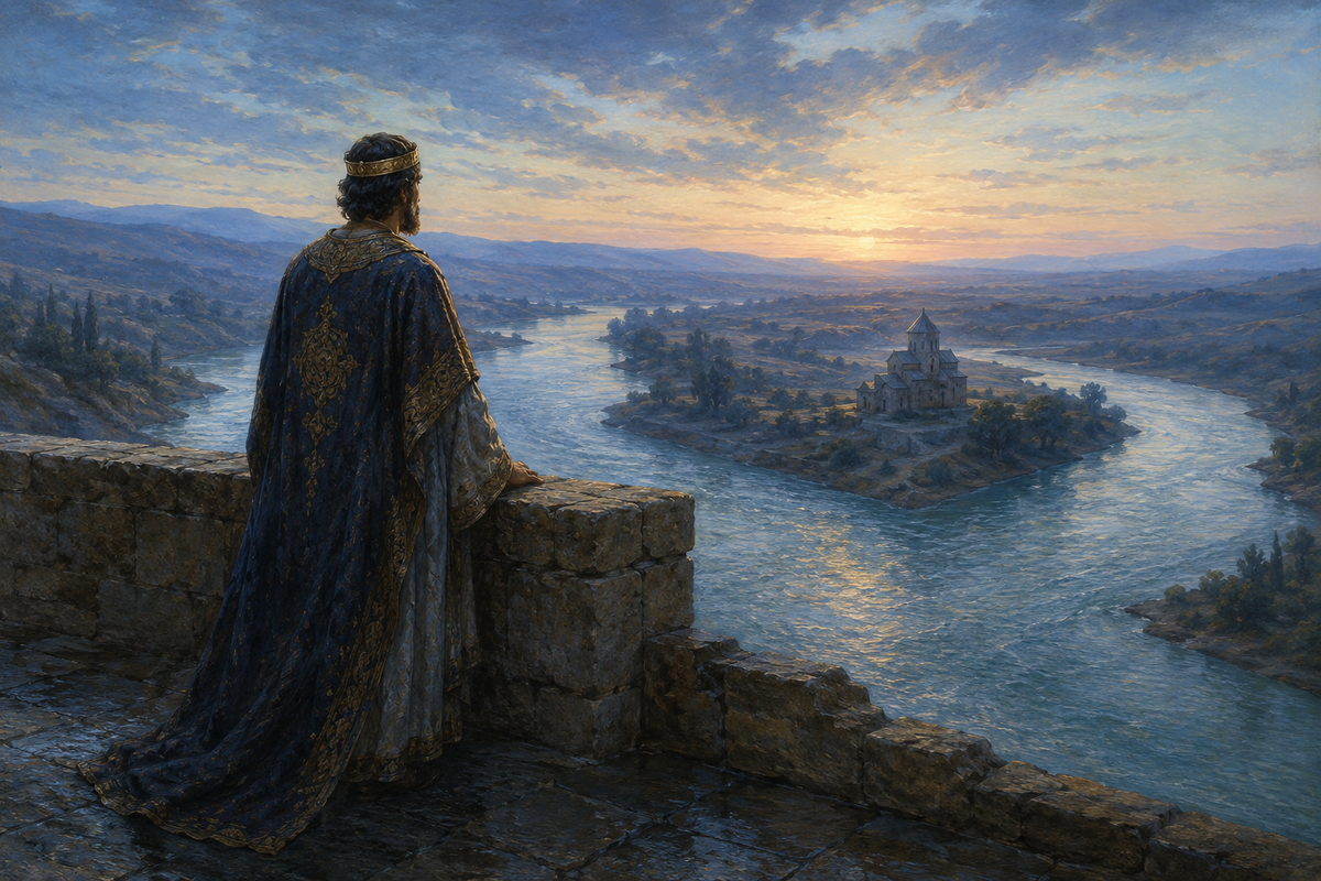 King Mirian III above the confluence of the Aragvi and Kura rivers.