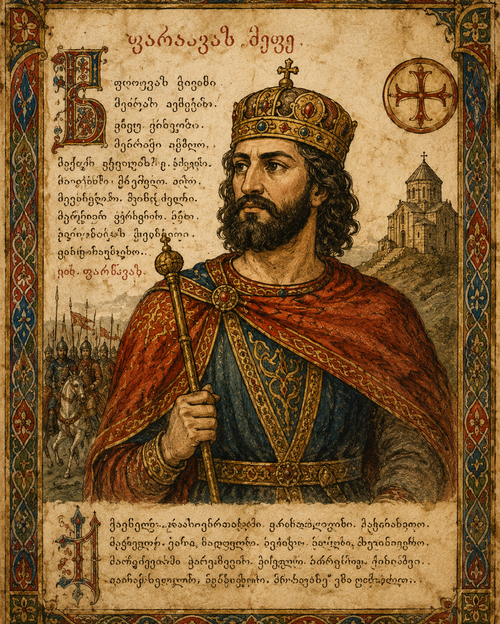 Illuminated manuscript-style portrait of King Pharnavaz wearing a crown and royal robes, holding a scepter, with Georgian script, ornate borders, soldiers, and ancient church architecture in the background.