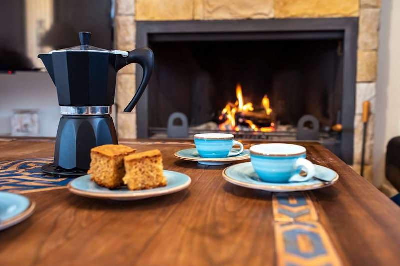 Coffee shop with a fireplace