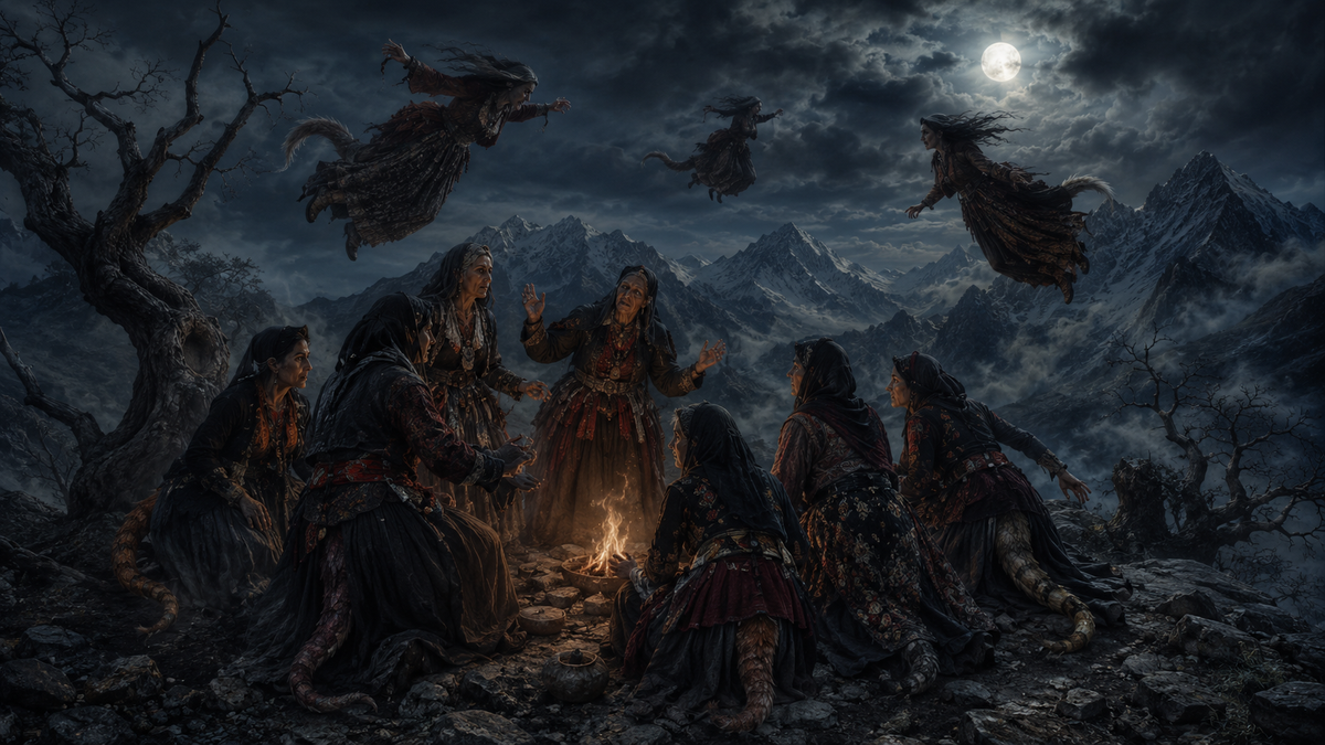 Dark atmospheric illustration of Kudiani, tailed witches from Georgian folklore, gathering around a small fire on a moonlit mountain peak, with flying witches, hidden tails, stormy Caucasus mountains, and twisted trees in the background.